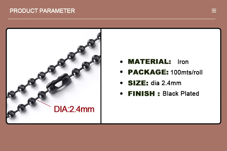 Customized Size Rustproof High Quality Eco-Friendly Pre-Cut 2.4mm Steel Ball Chain for Dogtag